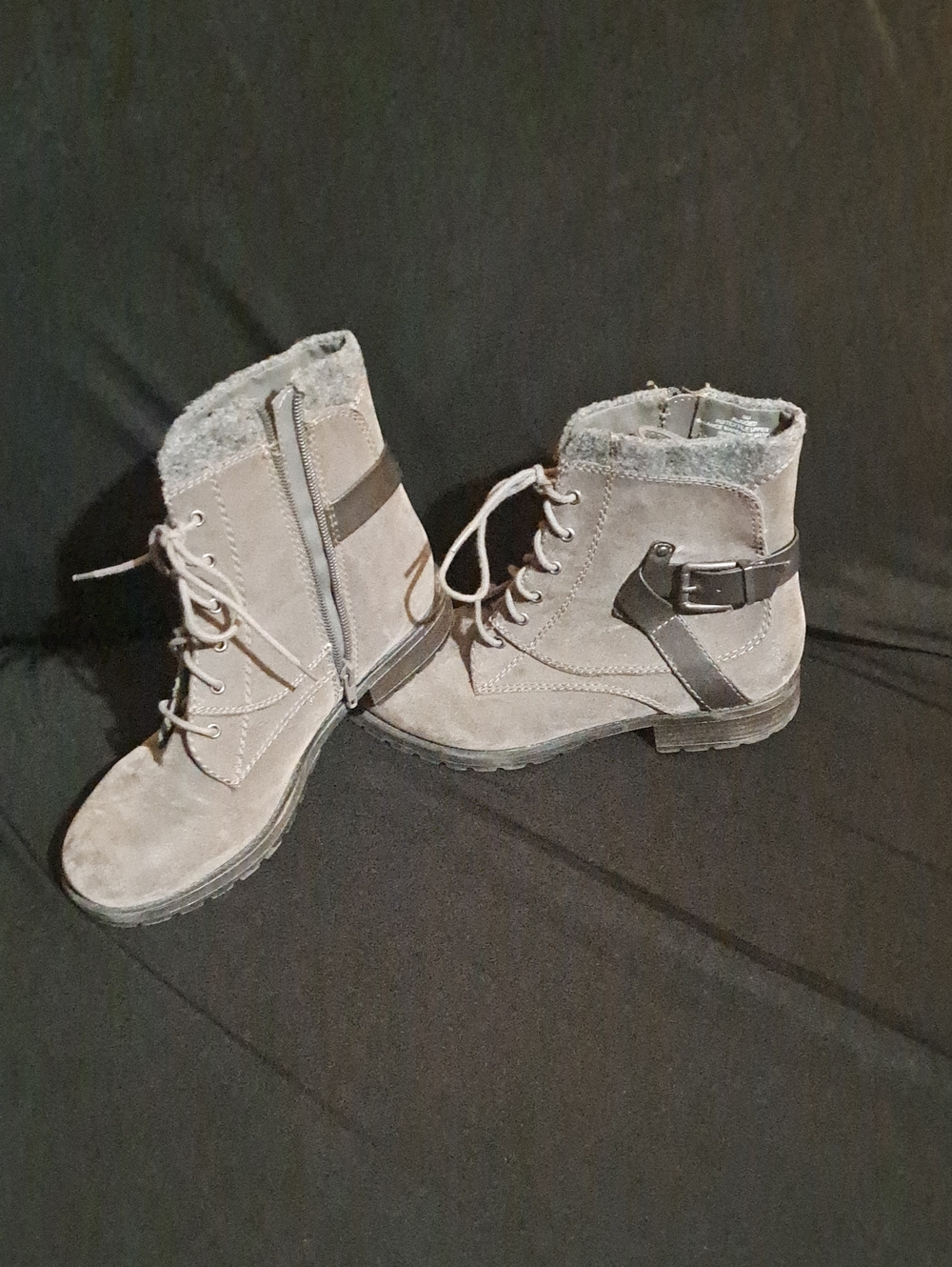 Crown Vintage Gray Lace-Up Combat Boots with Faux Fur Trim